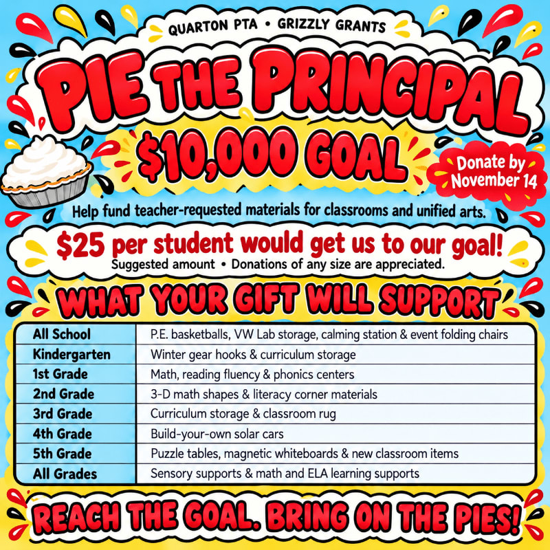 A colorful "Pie the Principal" fundraiser flyer features a pie and bold red text in the foreground against a white background with vibrant blue, yellow, and red accents.