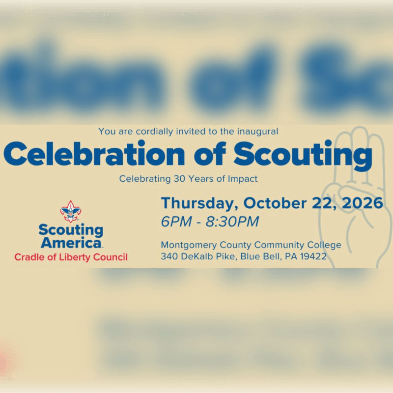 An invitation for the "Celebration of Scouting" event is centered in the foreground against a blurred blue and beige background.