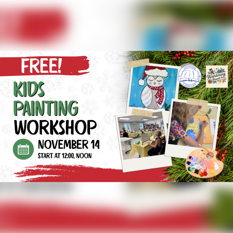 An advertisement for a free kids painting workshop on November 14 is set against a background of pine needles and snowflakes, featuring photos of a painted owl and children painting.
