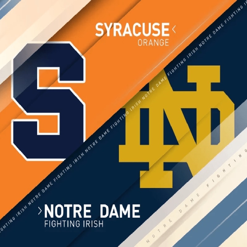 A large navy blue "S" and a gold "ND" logo sit in the foreground against a background of diagonal orange, blue, and white stripes with team names.