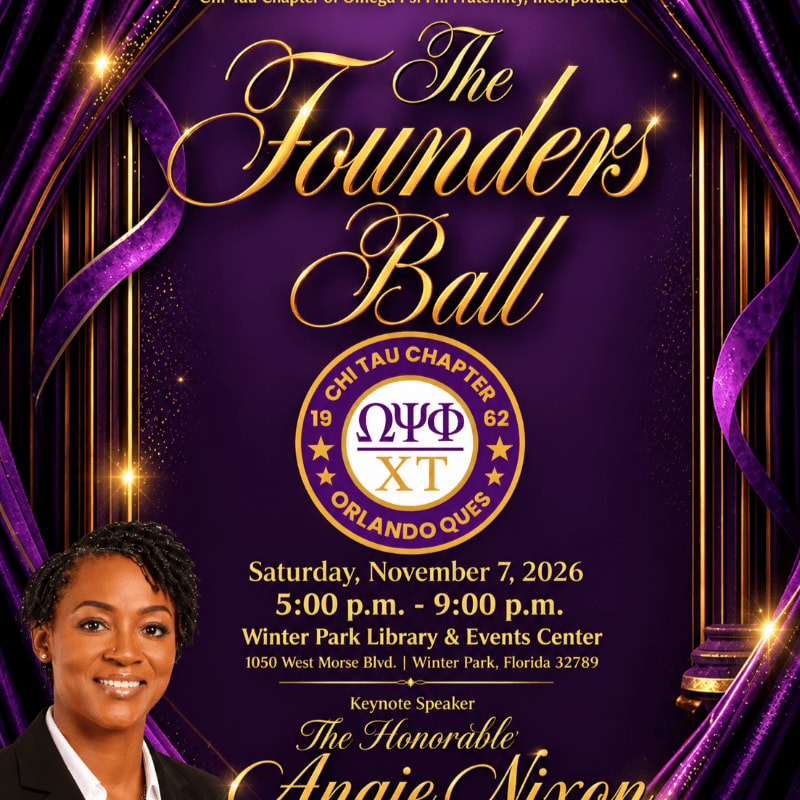 A smiling woman in a black blazer stands in the foreground of a purple and gold event flyer featuring elegant curtains and formal text in the background.
