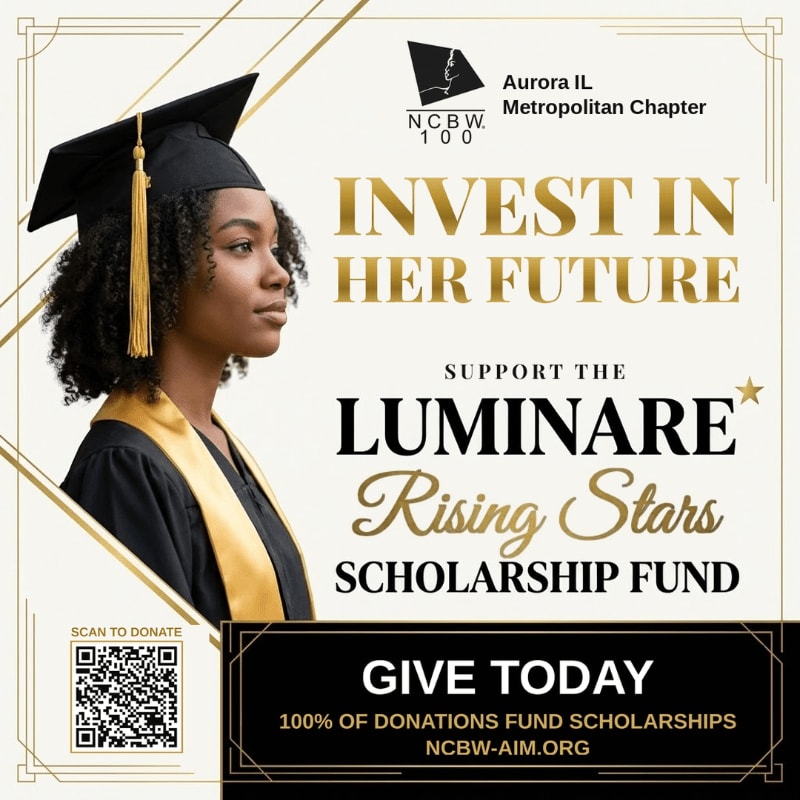 A graduate in a cap and gown stands in the foreground against a white background featuring gold accents and text for the Luminare Rising Stars Scholarship Fund.