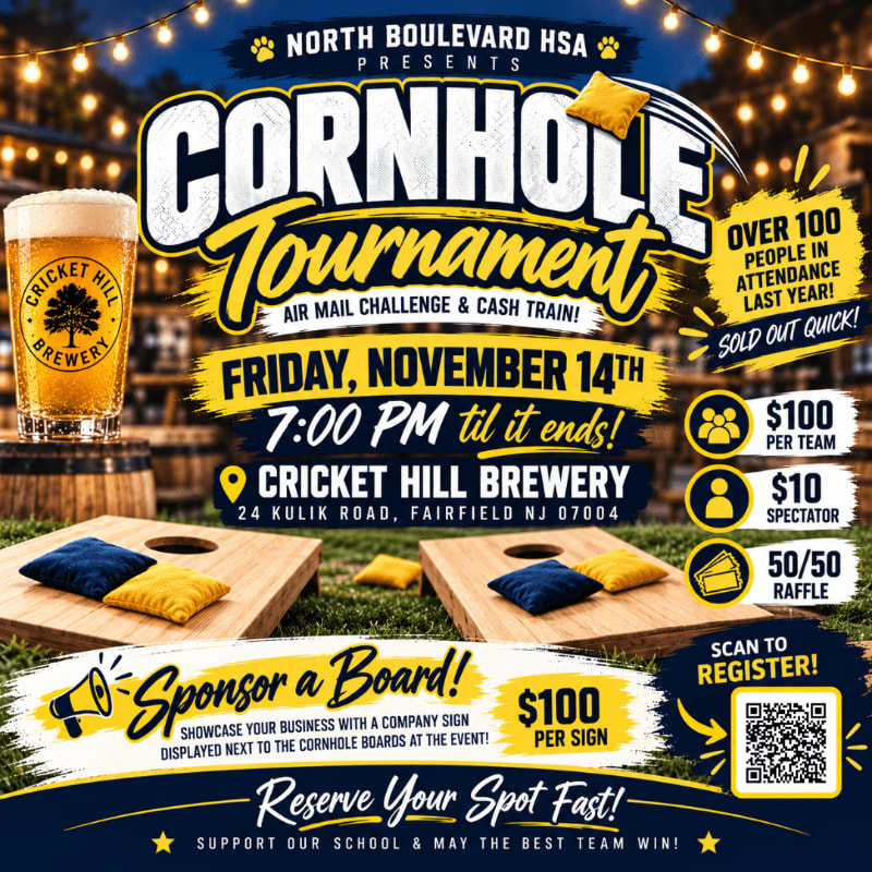 A promotional flyer for a cornhole tournament features bean bags and boards in the foreground against a background of a brewery setting with string lights.