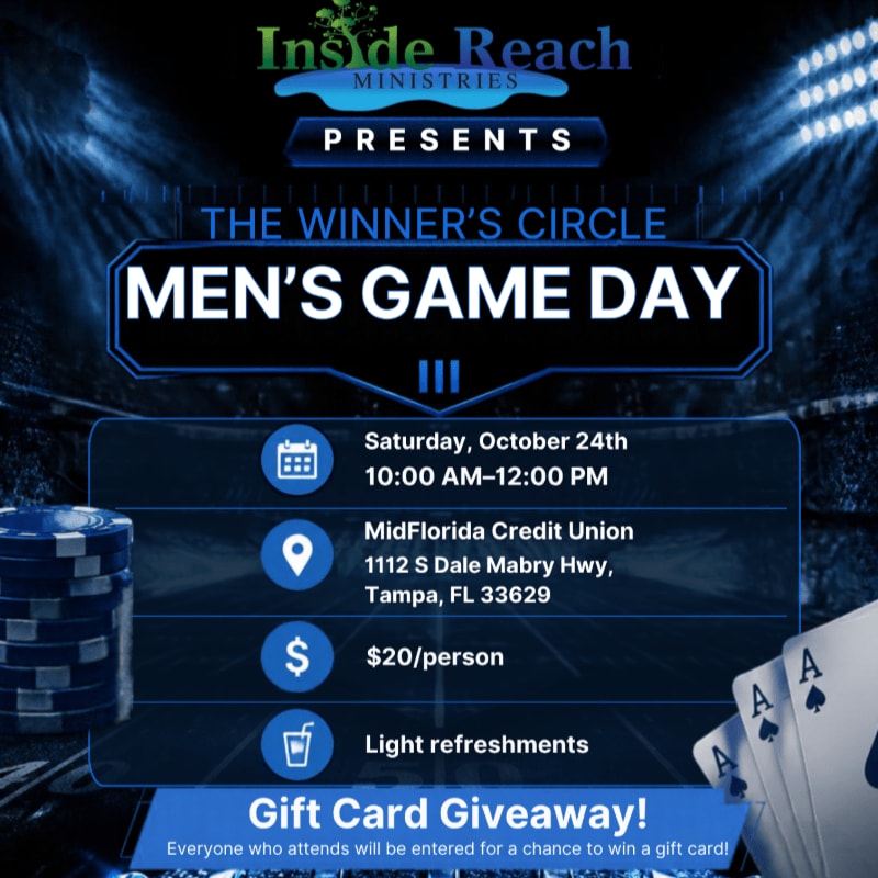 An event flyer for "Men's Game Day" features event details and poker chips and cards in the foreground against a blurred stadium background.