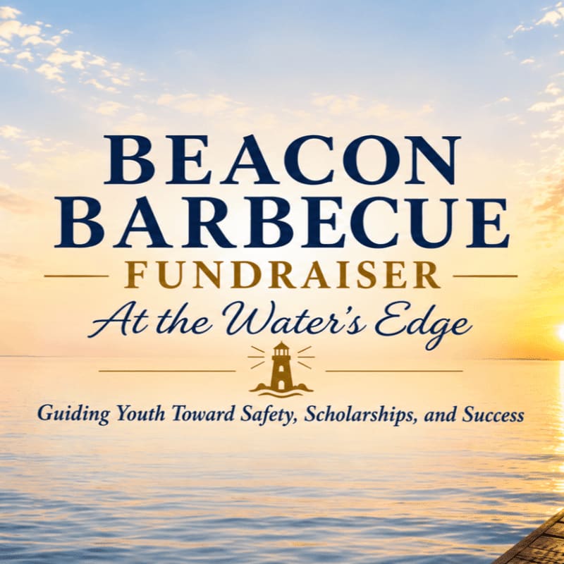 Text announcing a "Beacon Barbecue Fundraiser" is layered over a serene background of a sunset reflecting on calm ocean waters.
