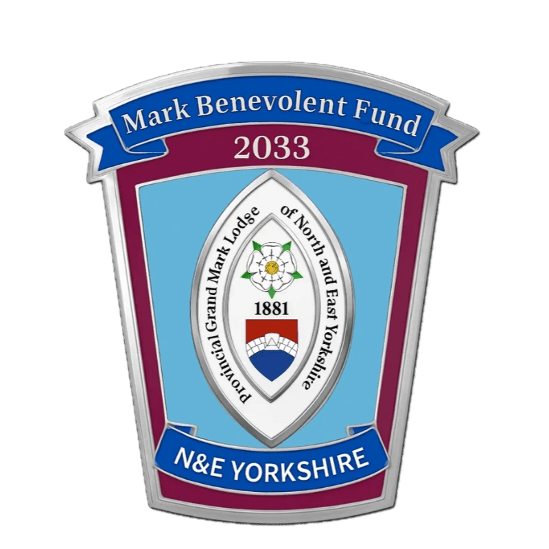 A decorative shield featuring a central emblem for the Provincial Grand Mark Lodge of North and East Yorkshire is set against a maroon background with blue banners and a white backdrop.