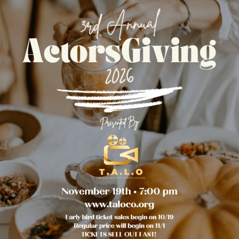 Text promoting the "3rd Annual ActorsGiving 2026" event is overlaid on a blurred background of a person preparing food with pumpkins and bowls in the foreground.