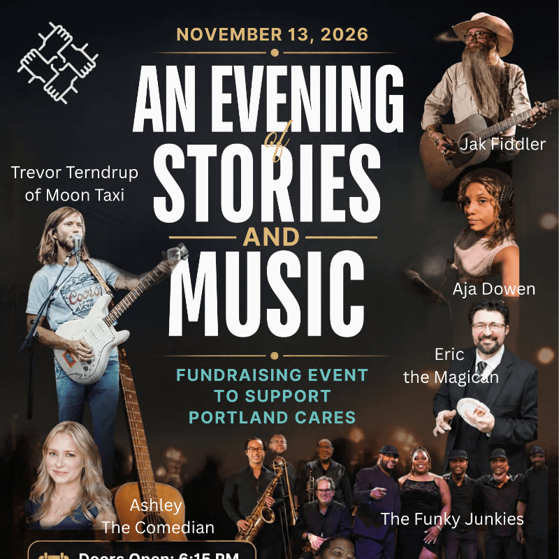 A promotional flyer for a fundraising event titled "An Evening of Stories and Music" features various performers in the foreground against a dark, textured background.