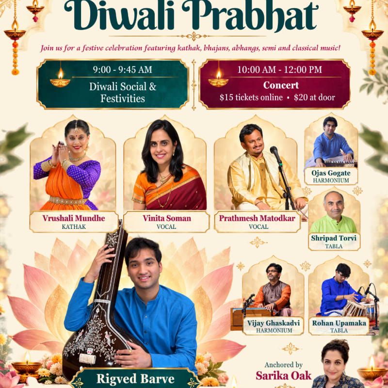 A promotional poster for "Diwali Prabhat" features portraits of various musical and dance performers in the foreground against a decorative, festive background.