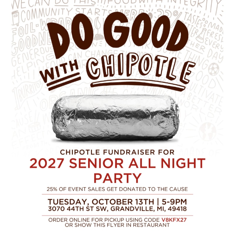 A foil-wrapped burrito sits in the foreground against a background of promotional text and light grey word art.