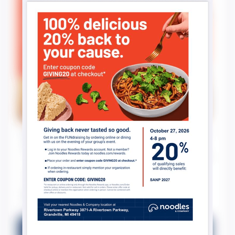 A promotional flyer for Noodles & Company features a bowl of noodles and bread against a red and white background with event details and a coupon code.
