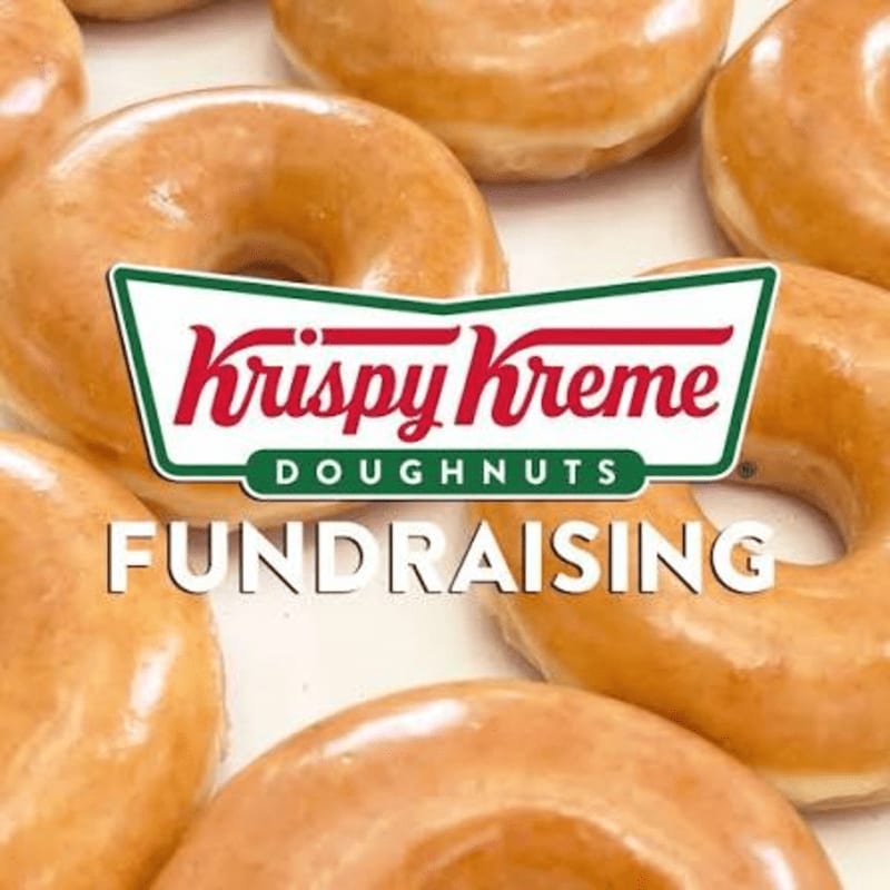 A Krispy Kreme logo and the word "FUNDRAISING" are overlaid on a background of glazed doughnuts.