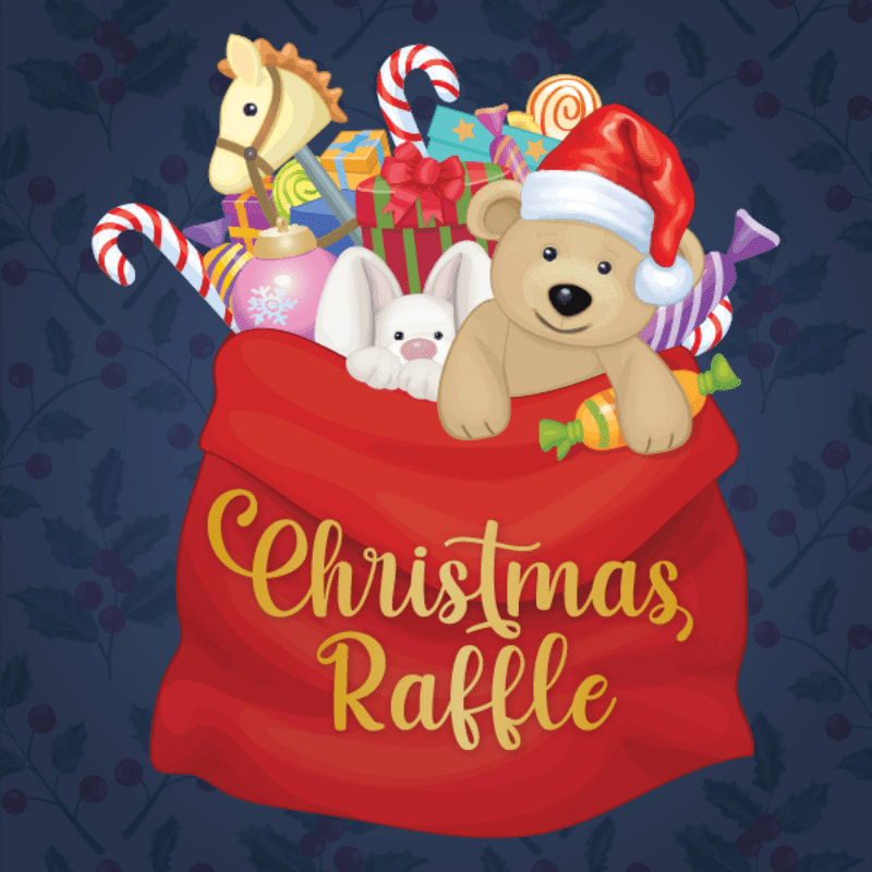 A red sack filled with toys and candy sits against a dark blue background patterned with holly berries.