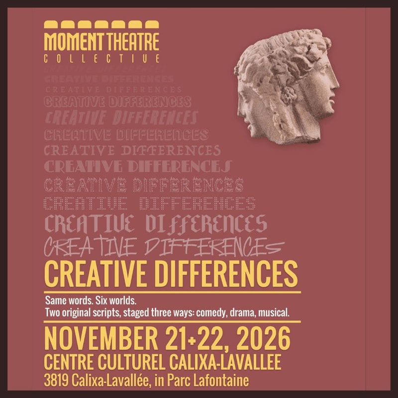 A classical stone bust sits in the upper right against a reddish-brown background featuring the "Moment Theatre Collective" logo and repeated "Creative Differences" text.