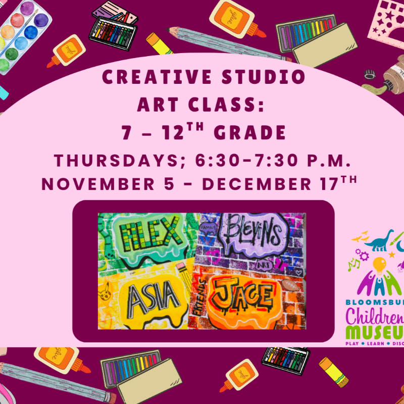 A pink central announcement for a creative studio art class is framed by a dark purple border filled with colorful art supplies.