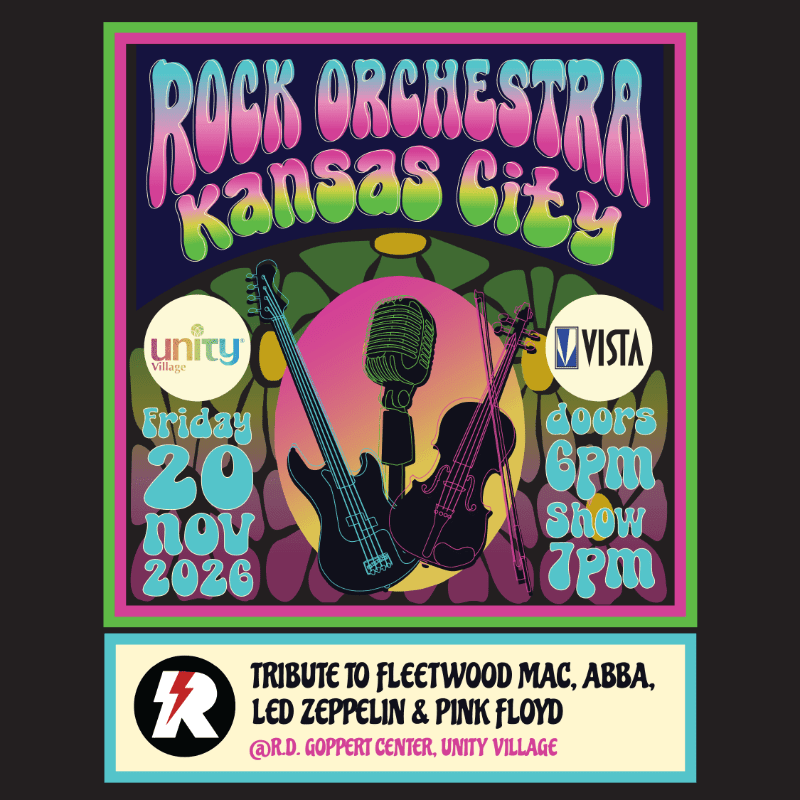 A colorful concert poster featuring silhouettes of a guitar, microphone, and violin in the foreground against a psychedelic circular background.