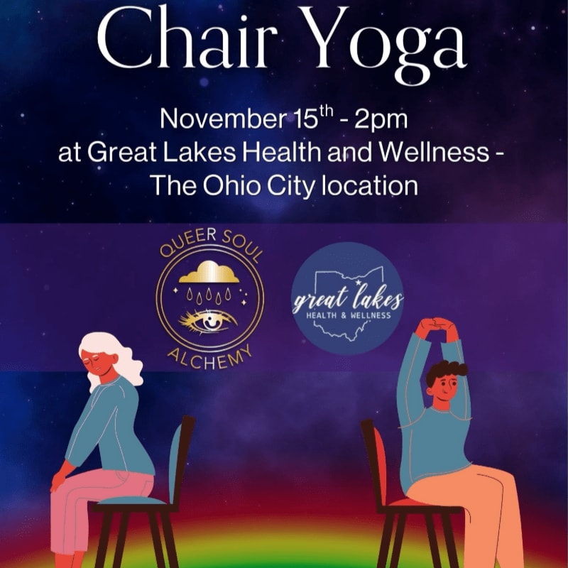Two people practice chair yoga in the foreground against a cosmic, starry background with event text and logos.