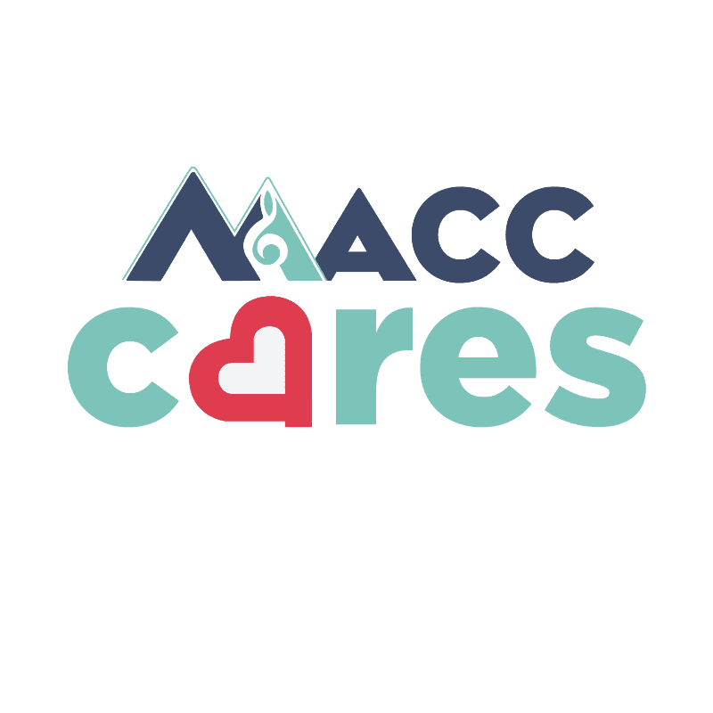 The foreground displays the words "MACC cares" in large, colorful letters, with a heart replacing the "A" in "cares," while the background is a clean white.