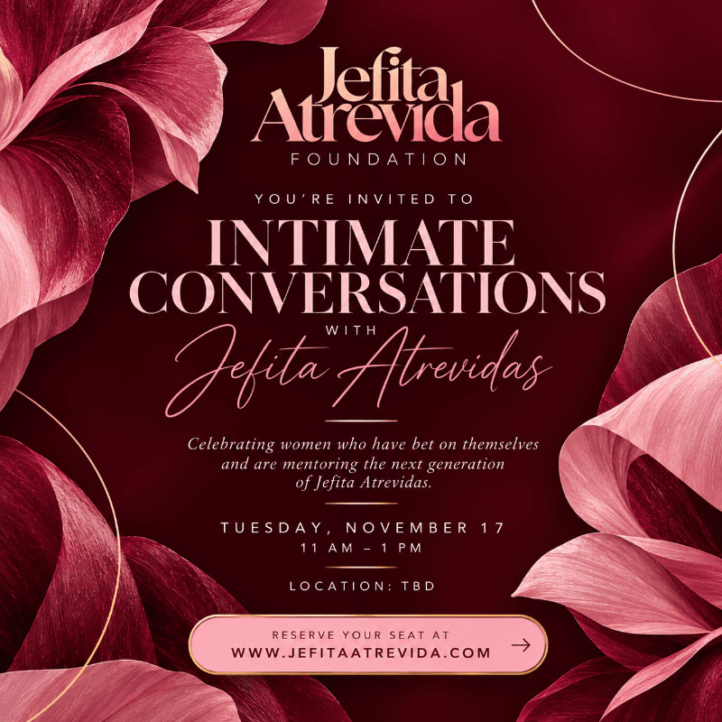 White and gold text announcing an event for the Jefita Atrevida Foundation is centered over a deep red background framed by soft pink floral petals.