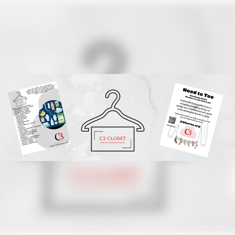 Three informational flyers about the C3 Closet are arranged across a light gray, textured background.
