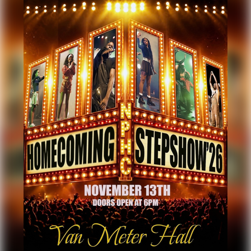 A promotional poster for "Homecoming Stepshow '26" features a brightly lit marquee with photos of performers in the foreground and a cheering crowd in the background.