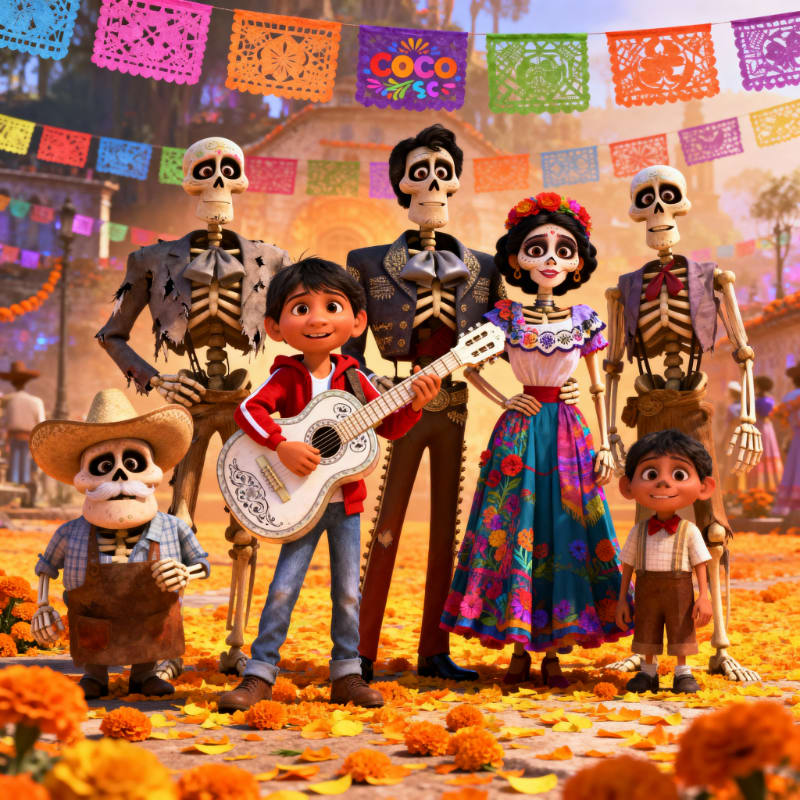 A group of living boys and skeleton figures pose together in a festive plaza decorated with colorful papel picado banners and orange marigold petals.