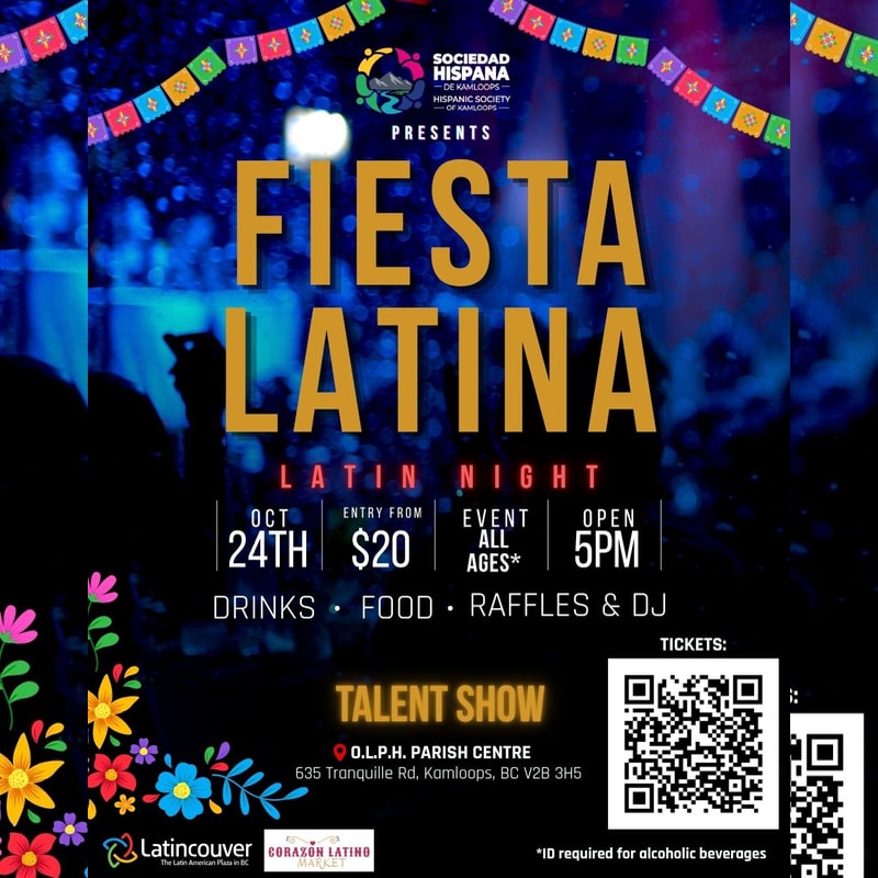 A colorful "Fiesta Latina" event flyer with bold yellow text and event details in the foreground, set against a blurred blue party background with festive banners at the top.
