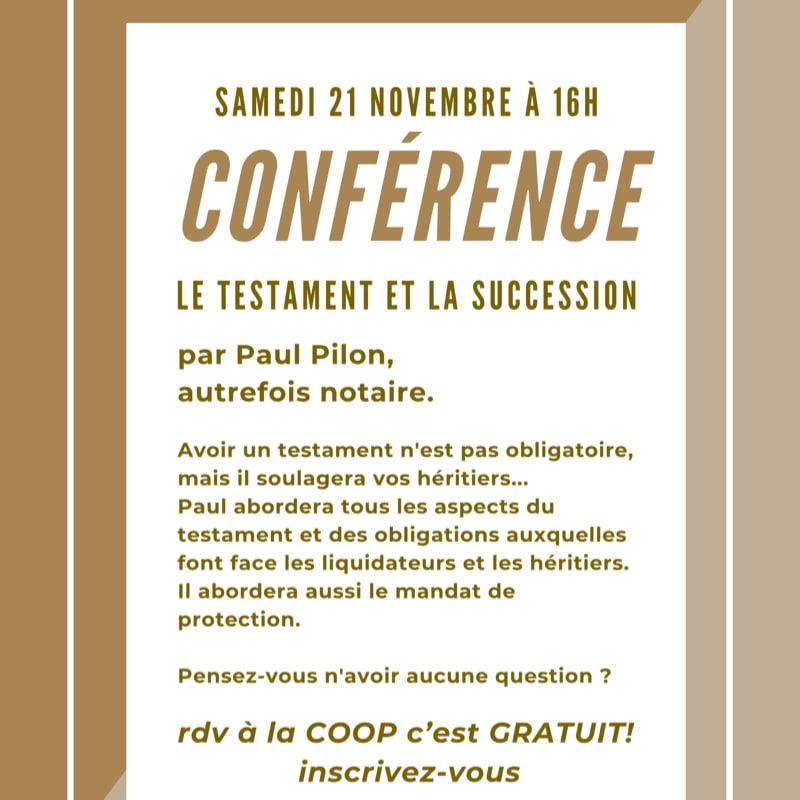 Brown and gold text announcing a conference on wills and succession is centered on a white rectangular background framed by thick brown borders.