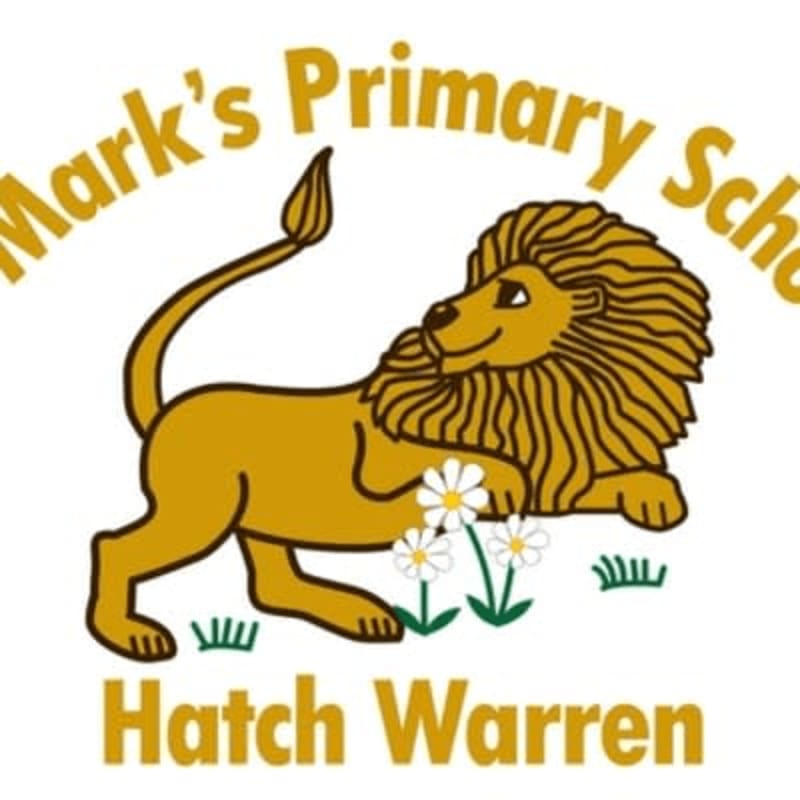 A cartoon lion with a flowing mane rests in the foreground near small white flowers and green grass, with the words "Mark's Primary School Hatch Warren" arching over it in the background.