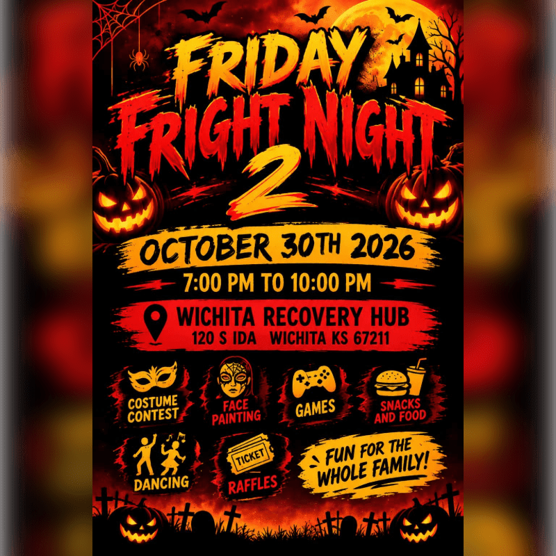 A Halloween event flyer for "Friday Fright Night 2" features bold orange and red text and activity icons in the foreground against a spooky background of a full moon, bats, and jack-o'-lanterns.