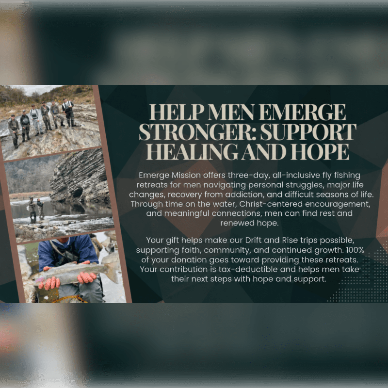 Three photos of men fly fishing are positioned on the left against a dark grey background featuring white and gold promotional text.
