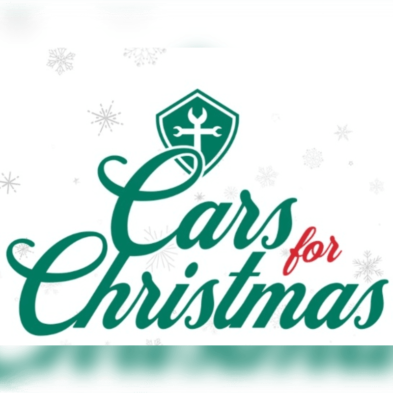Green "Cars for Christmas" text and a wrench logo sit in the foreground against a white background scattered with snowflakes.