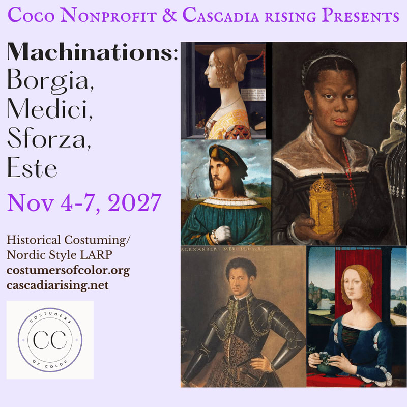 An event flyer for "Machinations" features event details and website links on the left foreground against a white background, with a collage of Renaissance-style portraits on the right.