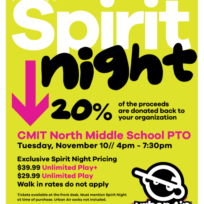 A promotional flyer for a Spirit Night event features bold text and a pink arrow in the foreground against a bright yellow background.