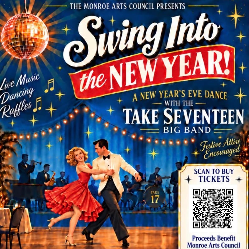 A couple dances in the foreground of a festive New Year's Eve event poster featuring a big band and a disco ball in the background.