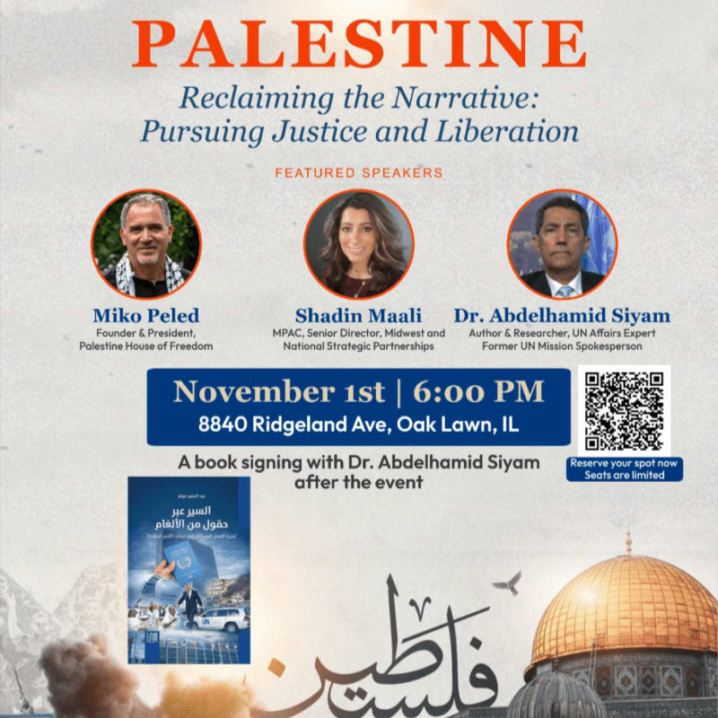 An event flyer for "PALESTINE: Reclaiming the Narrative" features three speakers and event details in the foreground against a background containing a golden dome and Arabic calligraphy.