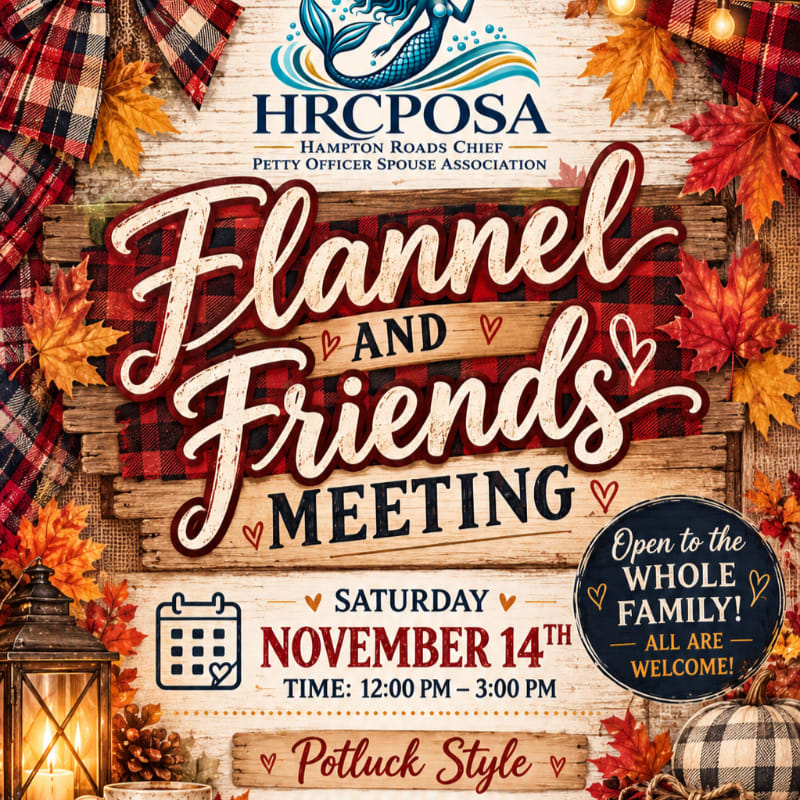 A "Flannel and Friends Meeting" announcement is centered on a rustic wooden background adorned with autumn leaves, plaid fabric, and a lantern.