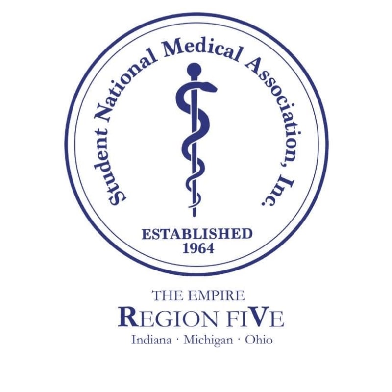 A blue circular logo featuring a Caduceus and the text "Student National Medical Association, Inc." sits centered against a plain white background, with "THE EMPIRE REGION FIVE" and listed states written below.