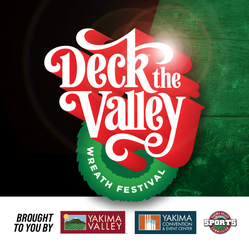 A red and white "Deck the Valley Wreath Festival" logo sits centered over a split background of black and green, with sponsor logos displayed in a white bar at the bottom.