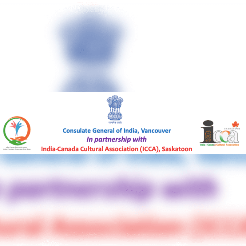 Text and logos for the Consulate General of India, Vancouver and the India-Canada Cultural Association are centered against a white background with blurred blue and red elements.