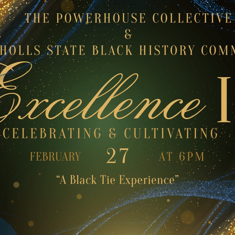 Gold text announcing an "Excellence" event is centered over a dark green background with shimmering blue and gold glitter accents.