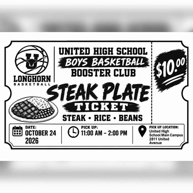 A black and white steak plate ticket for the United High School Boys Basketball Booster Club is centered against a plain, light gray background.