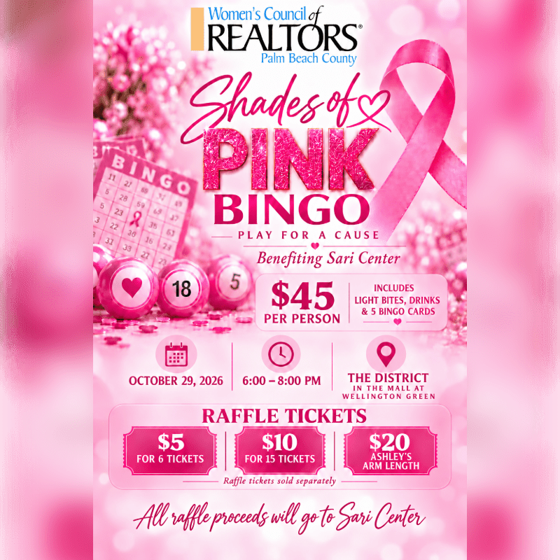 A pink-themed event flyer for "Shades of Pink Bingo" features bingo balls and a pink ribbon in the foreground against a shimmering, glittery pink background.
