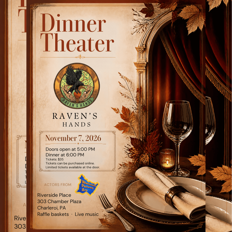 A dinner theater advertisement for "Raven's Hands" is featured in the foreground, set against a background of a draped red curtain, autumn leaves, and a set dinner table with wine glasses.