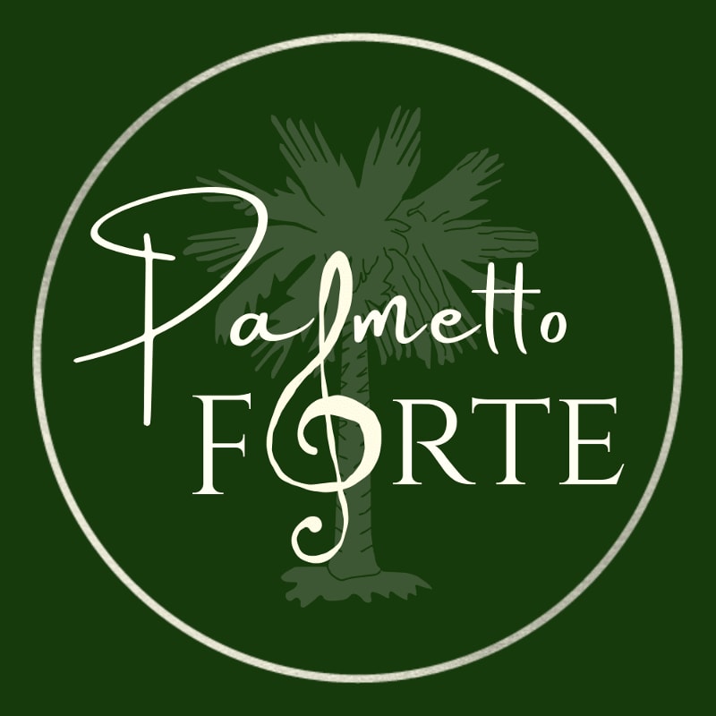 White text reading "Palmetto FORTE" with a treble clef is centered over a dark green palm tree silhouette, all enclosed within a white circular border on a dark green background.
