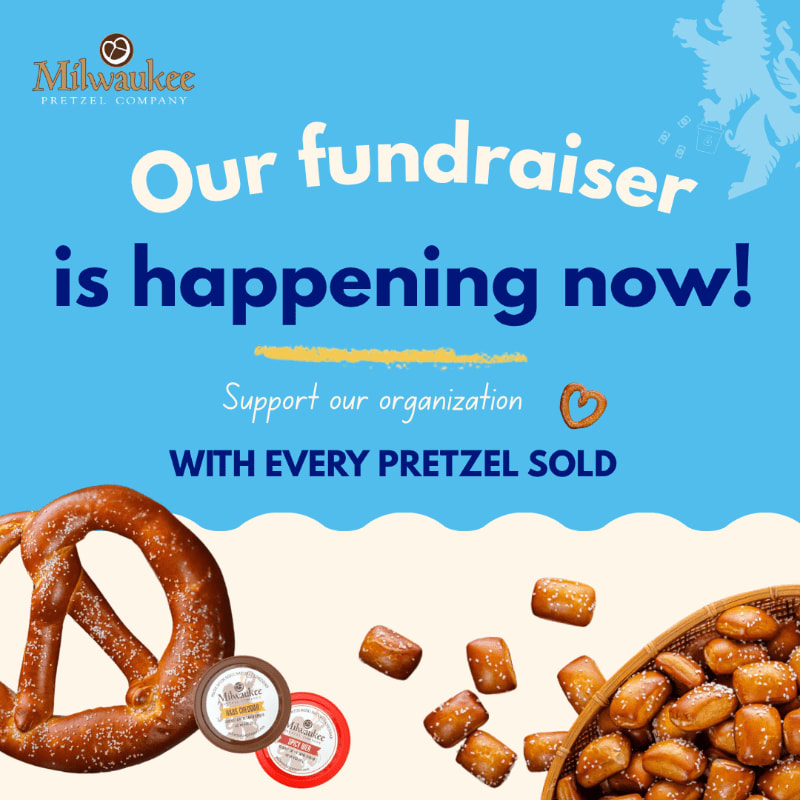 A large pretzel and pretzel bites sit in the foreground against a light background, while the upper half features a blue background with fundraiser text and a company logo.