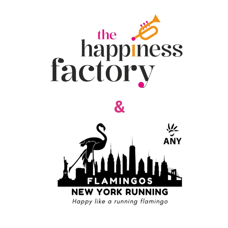 Text for "the happiness factory" and "FLAMINGOS NEW YORK RUNNING" with accompanying logos are centered against a plain white background.