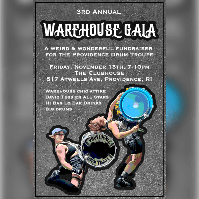 Three drummers in eclectic attire pose with their instruments in the foreground against a textured grey background featuring event details for the 3rd Annual Warehouse Gala.