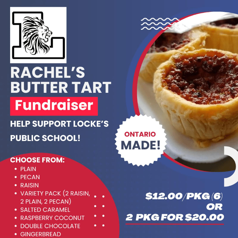 A promotional flyer for Rachel's Butter Tart Fundraiser features a list of flavors and pricing in the foreground against a blue background with a photo of butter tarts.