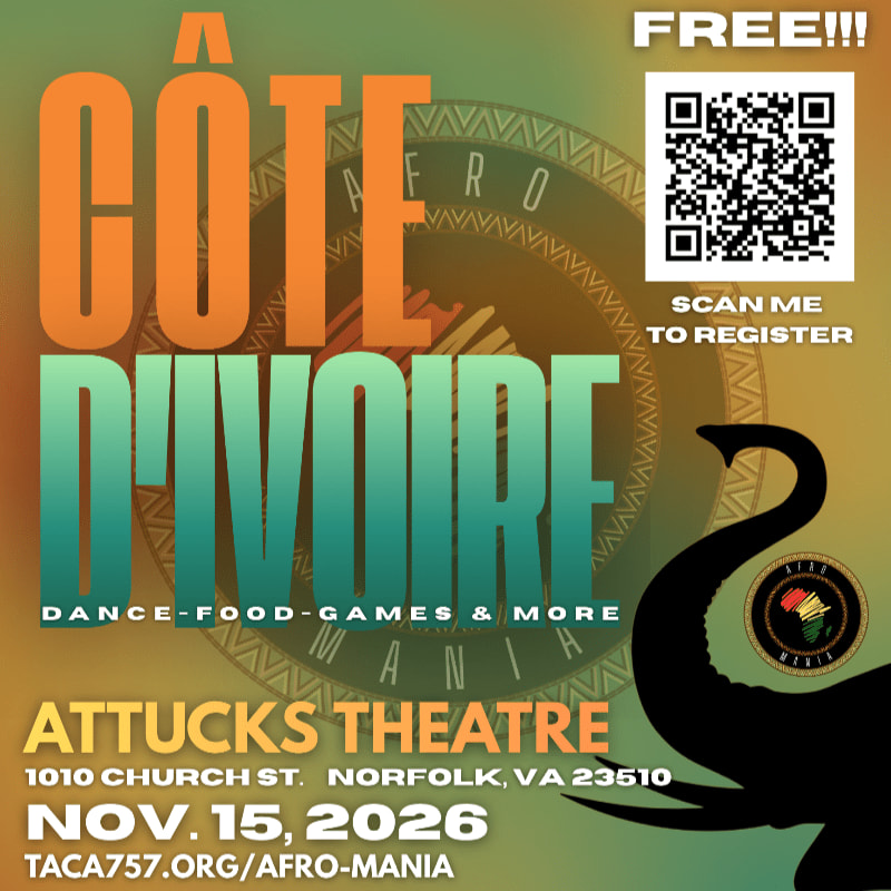 An event flyer for "A Côte d'Ivoire" featuring bold orange and teal text and an elephant silhouette in the foreground against a green background with a circular emblem and a QR code.